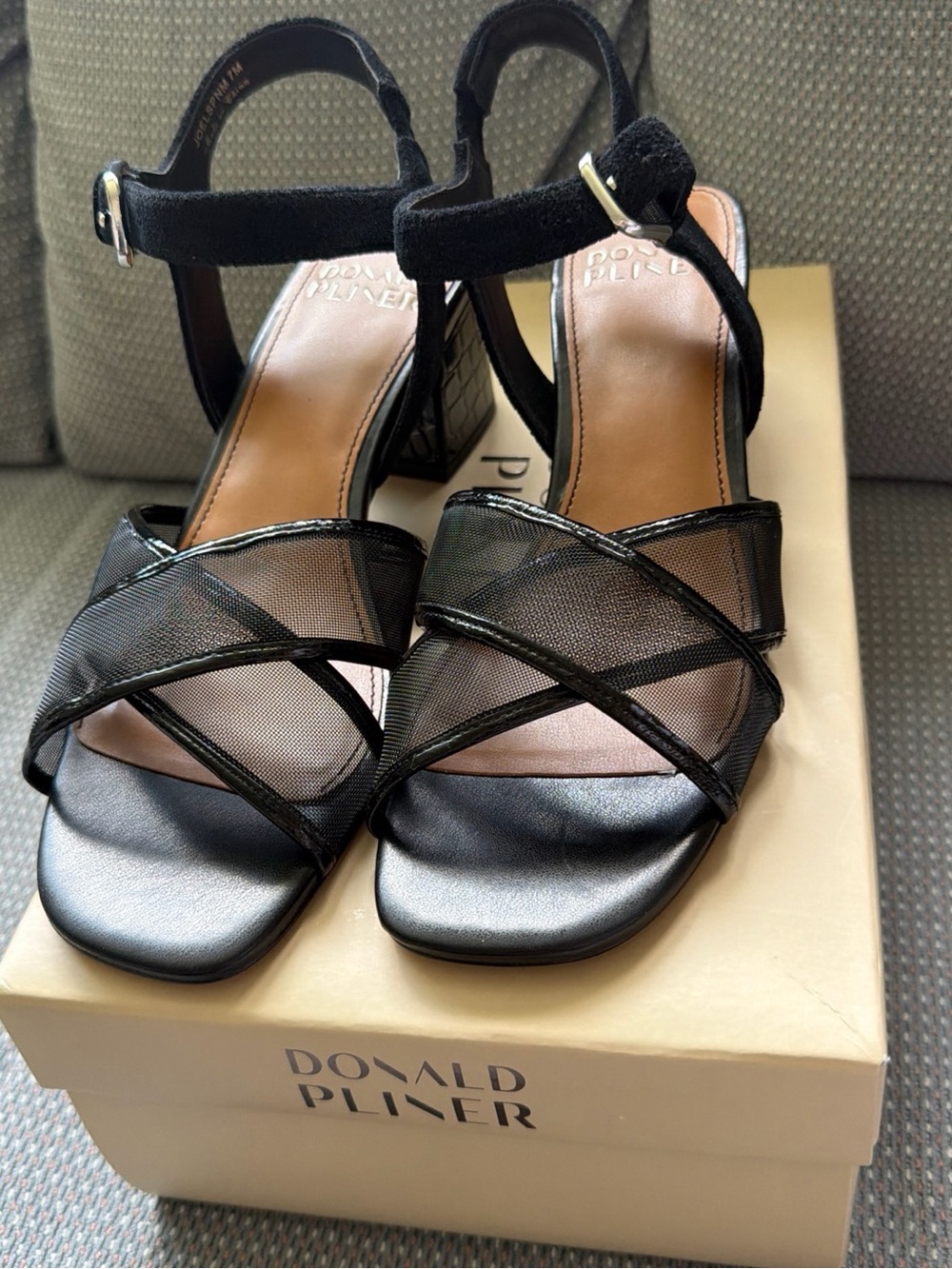 Donald J. Pliner Black Mesh Crisscross Block Heel Sandals